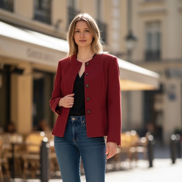 Worthington Jackets & Blazers - Vintage Worthington Deep Wine Red Collarless Button Jacket - 16